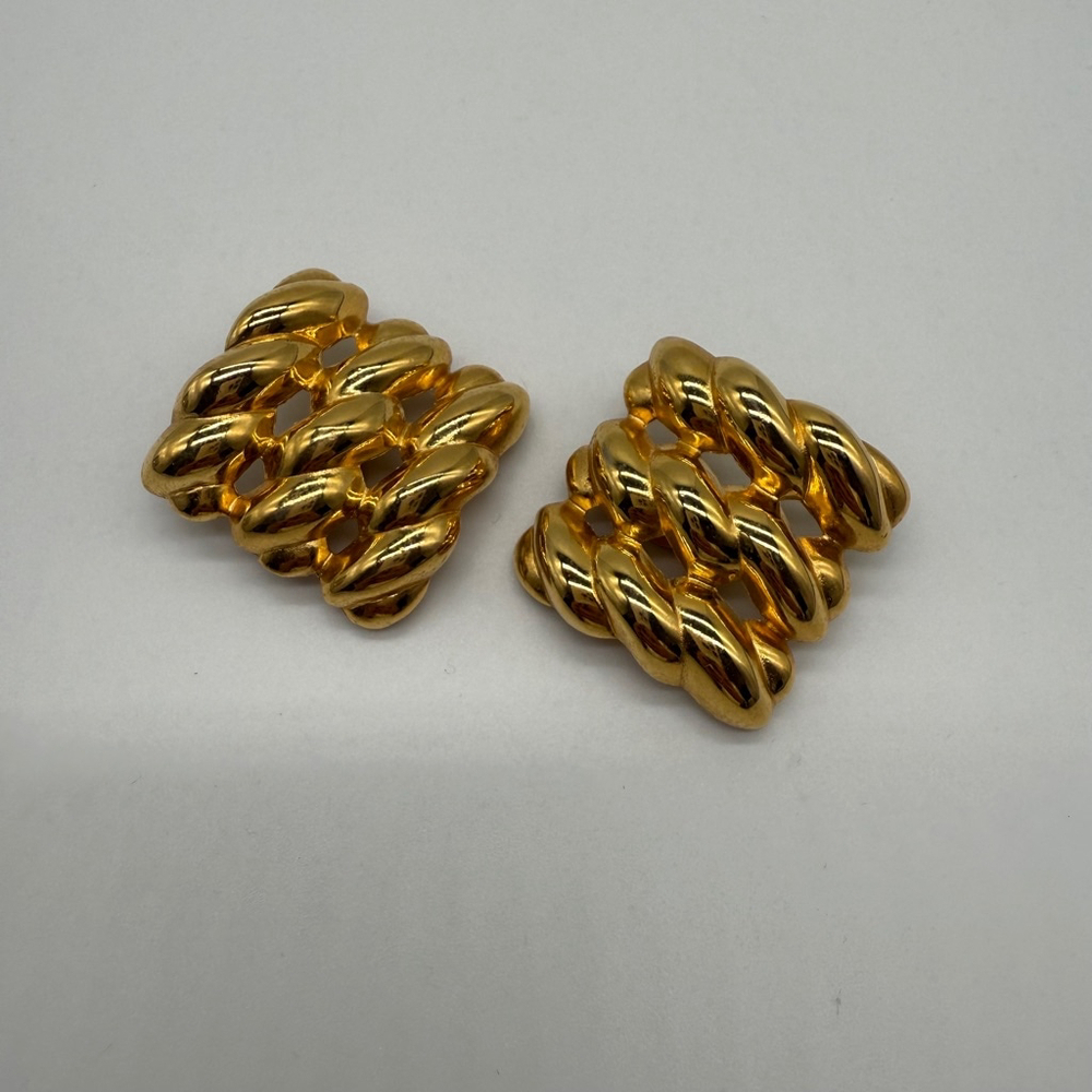Gold Tone Square Woven Clip On Statement Earrings Jewelry